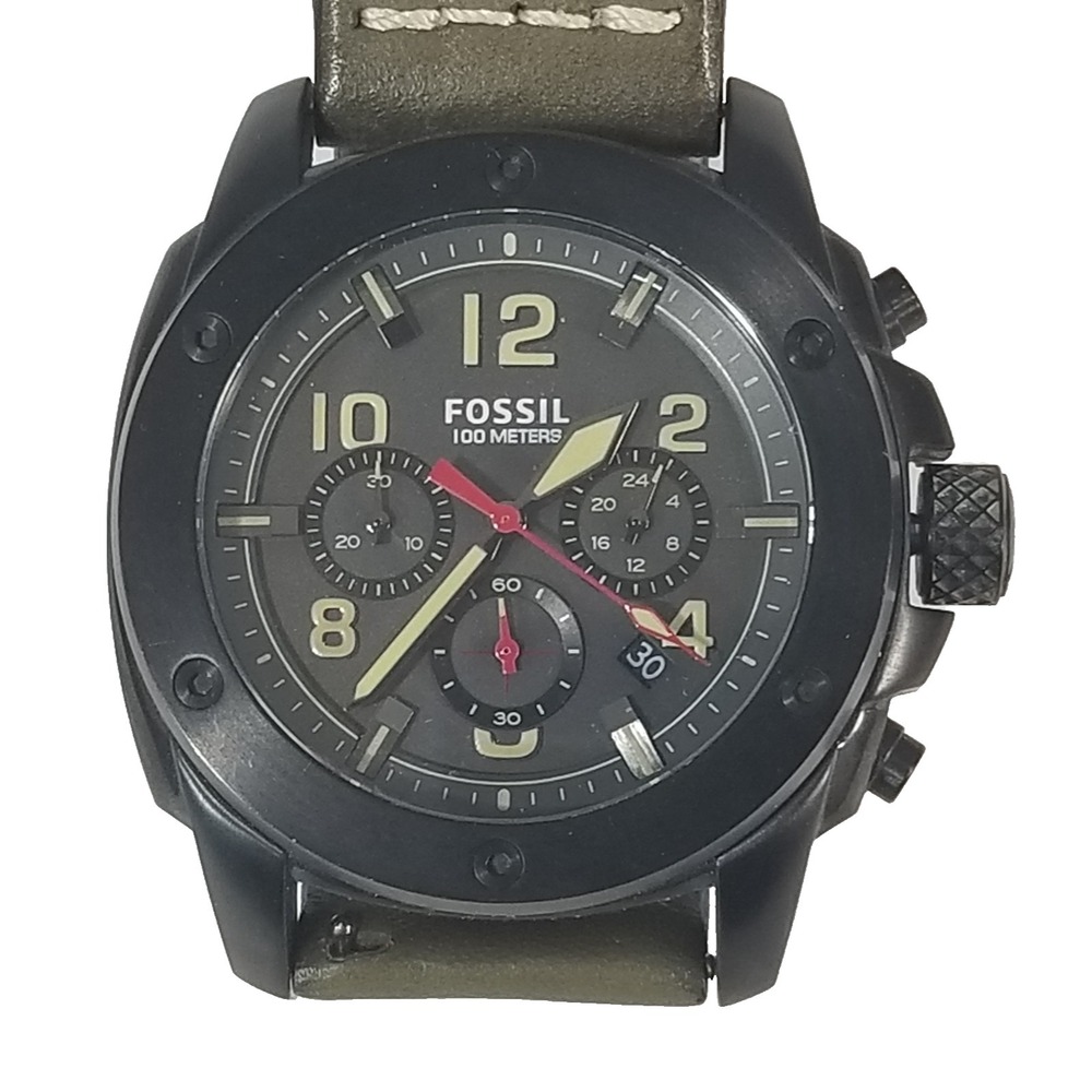 fossil machine chronograph watch Men's grey dial black case green leather FS5000